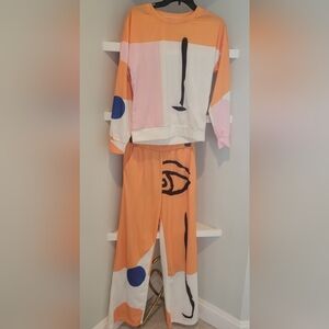 Abstract Face Print Lounge Set in Peach, Pink & Blue